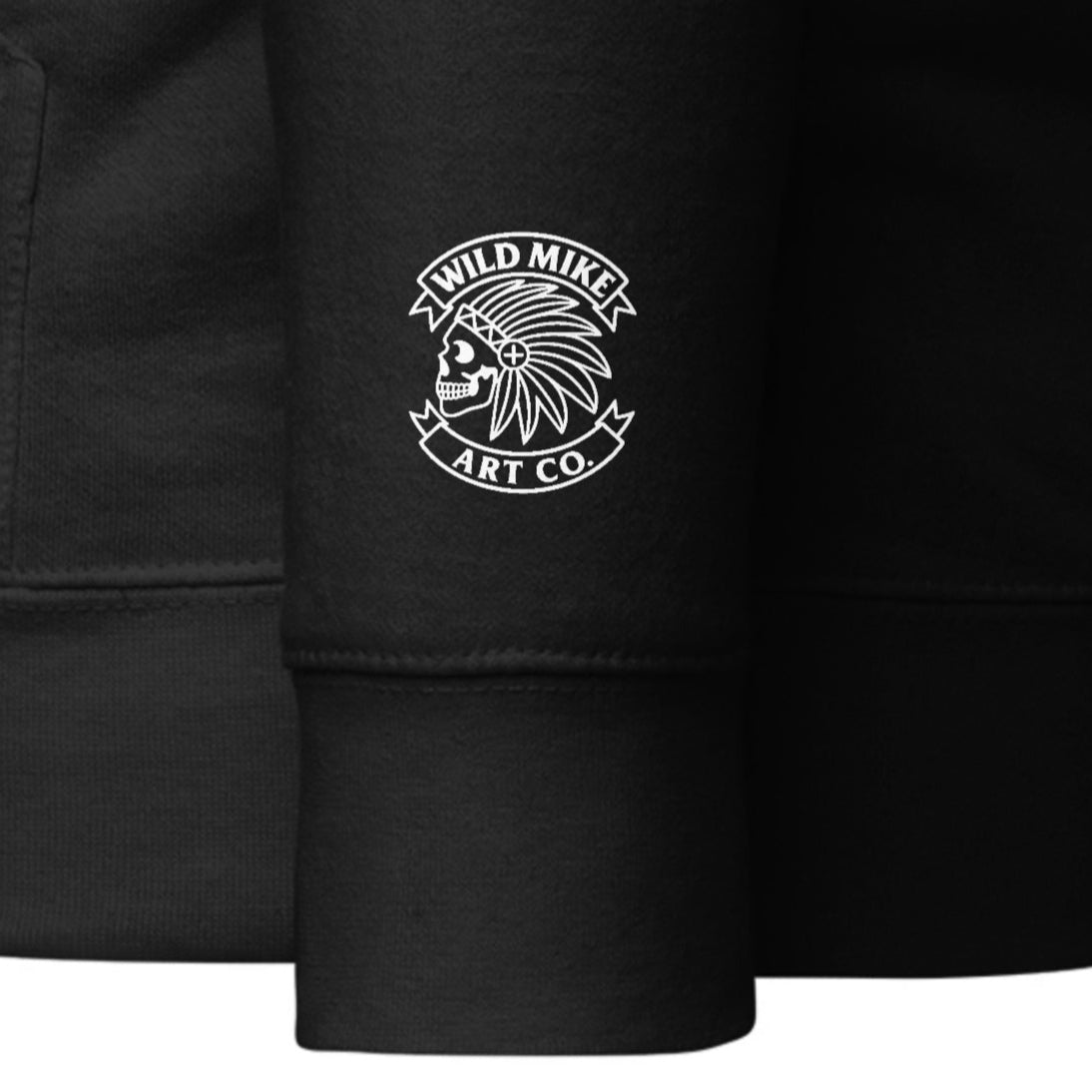 Black sleeve with white embroidered logo on a white background