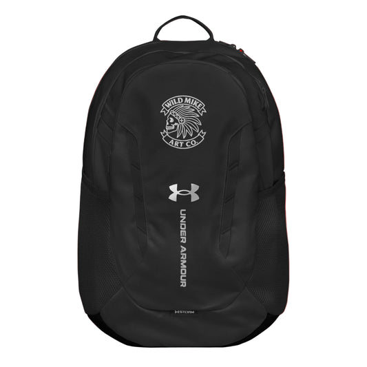 Black backpack with Under Armour logo and additional branding on a white background