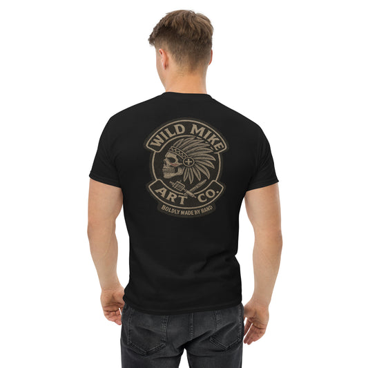 Man wearing a black t-shirt with 'Wild Mike Art Co.' logo on the back, on a white background
