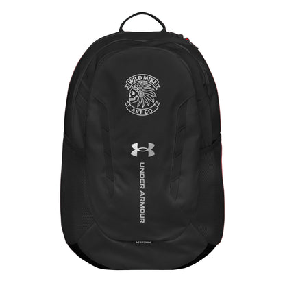 Black backpack with Under Armour logo and additional branding on a white background